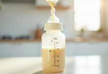 Biberon pour bébé en gros plan avec mesure de lait