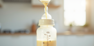 Biberon pour bébé en gros plan avec mesure de lait
