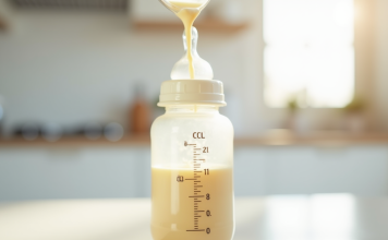 L’alimentation du nouveau-né : convertir 100 ml en cl pour mieux doser Biberon pour bébé en gros plan avec mesure de lait