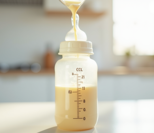 Biberon pour bébé en gros plan avec mesure de lait