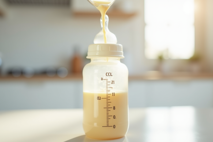 Biberon pour bébé en gros plan avec mesure de lait
