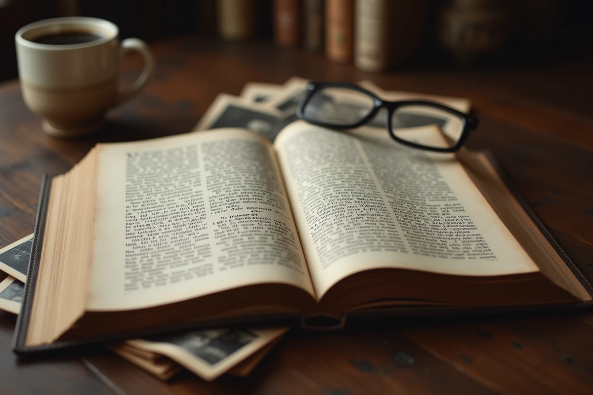 Biographie ancienne ouverte sur une table en bois avec des photographies d'archives et des lunettes de lecture, détail méconnu symbolique