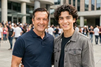 Bixente Lizarazu et son fils lors d'une apparition publique dans un cadre urbain moderne