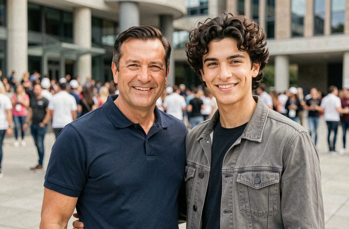 Bixente Lizarazu et son fils lors d'une apparition publique dans un cadre urbain moderne