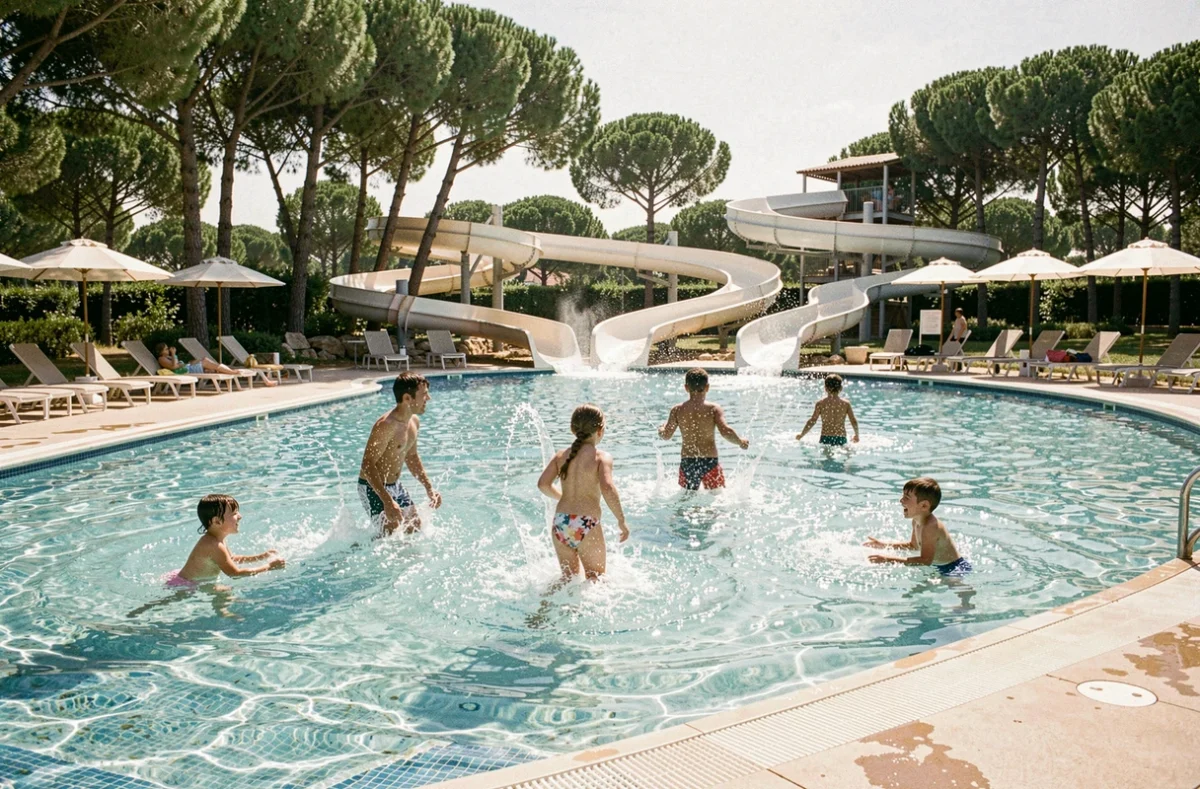 Famille profitant des toboggans et piscines du Parc Aquatique La Bouscarasse