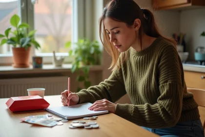 Mère de famille qui calcule le budget goûter du mercredi avec une boîte Happy Meal et des euros posés sur une table de cuisine