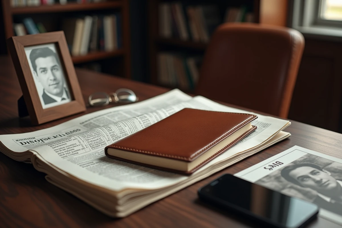 Bureau élégant avec carnet fermé et photo retournée illustrant la discrétion et la vie privée d'un grand patron industriel