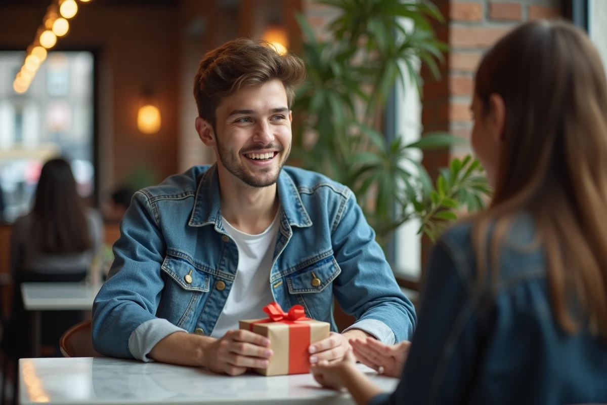 Jeune homme offrant un cadeau d'anniversaire en retard à son ami dans un café, expression espiègle et tendre