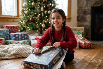 Petite fille de 7 ans qui déballe un cadeau de Noël sans écran, un jeu de société, entourée de paquets colorés dans un salon décoré pour Noël
