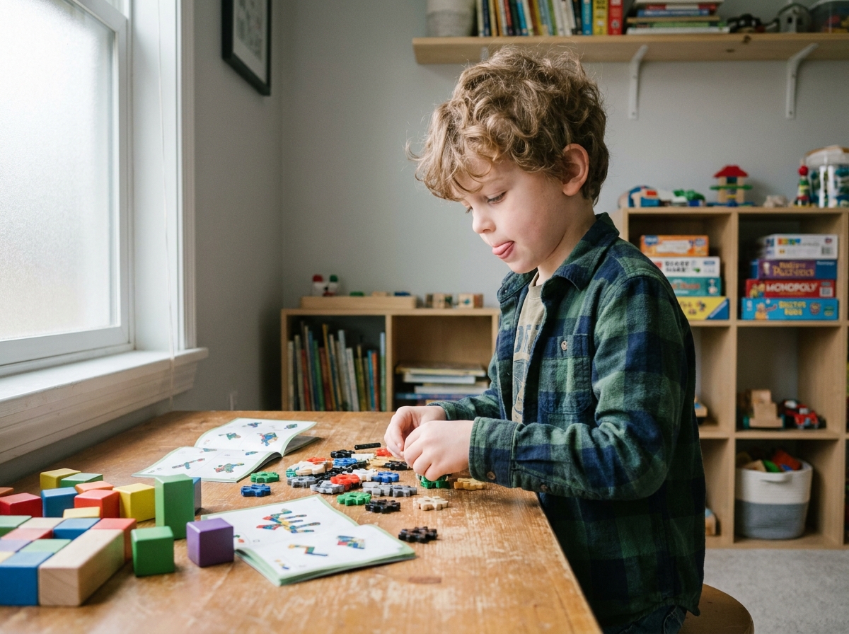 Garçon de 7 ans concentré sur un jeu de construction en bois, cadeau de Noël sans écran, dans une salle de jeux lumineuse et colorée