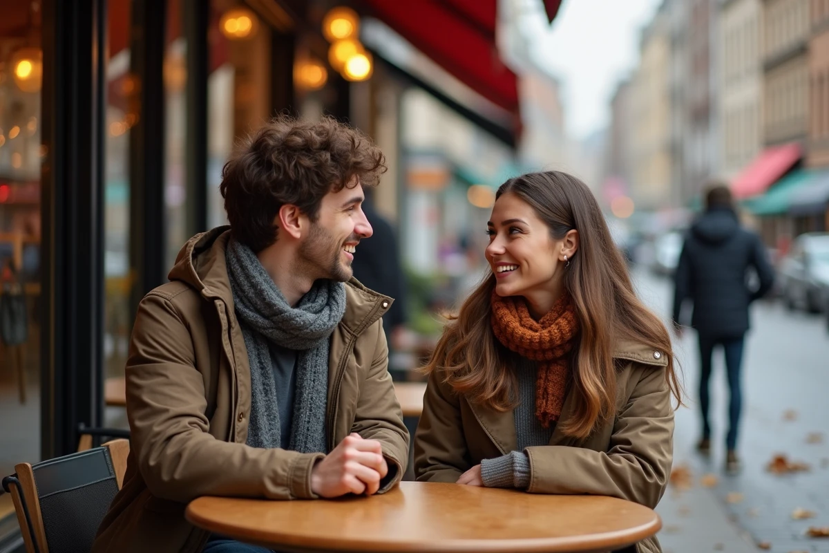 Deux jeunes adultes discutant dans un café de rue en ville