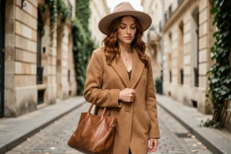 Femme célèbre protégeant son anonymat dans une rue parisienne calme avec chapeau et manteau camel