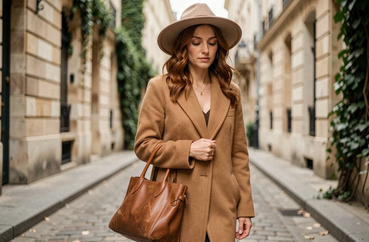 Femme célèbre protégeant son anonymat dans une rue parisienne calme avec chapeau et manteau camel