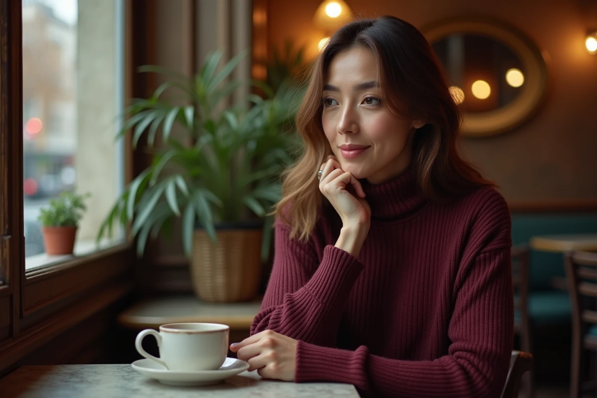 Portrait intimiste d'une femme journaliste dans un café parisien, évocation de la vie privée et du quotidien de Charlotte d'Ornellas