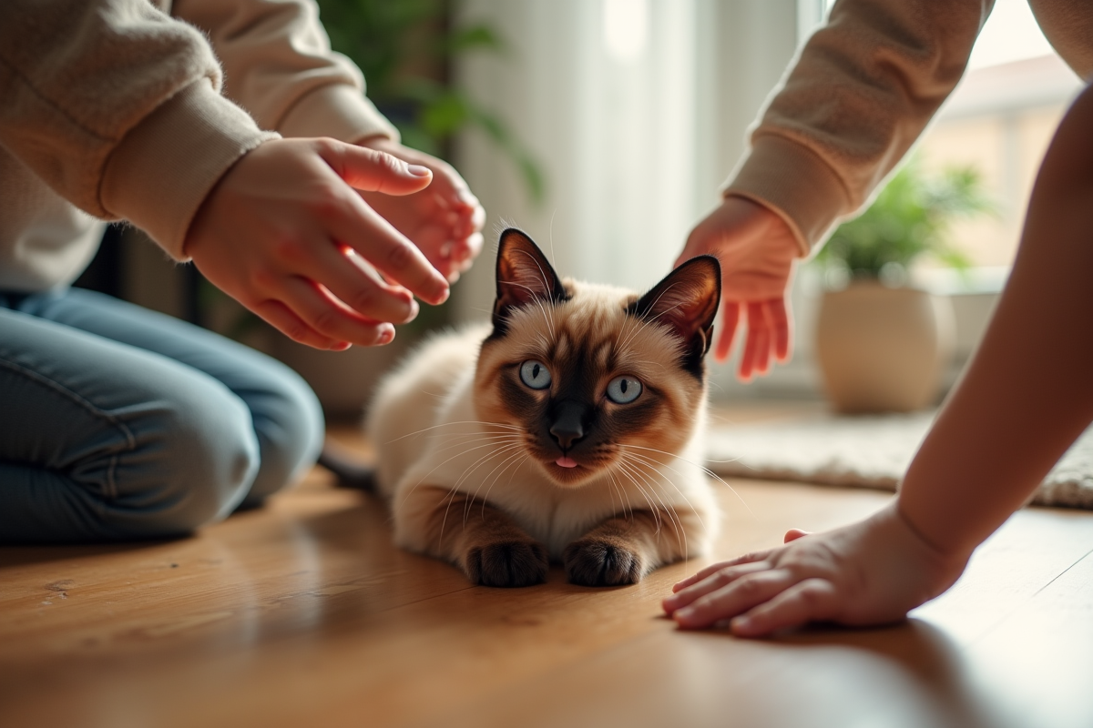 Chat siamois jouant avec deux enfants sur le sol