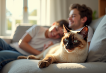 Chat siamois détendu sur un canapé en famille
