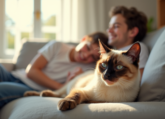 Comment le chat croisé siamois contribue-t-il à l’équilibre familial ? Chat siamois détendu sur un canapé en famille