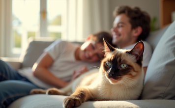 Chat siamois détendu sur un canapé en famille