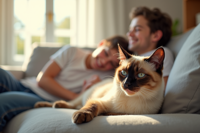 Chat siamois détendu sur un canapé en famille