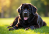 Chien Newfoundland allongé dans un parc vert ensoleille