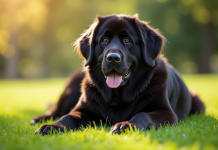 Chien Newfoundland allongé dans un parc vert ensoleille
