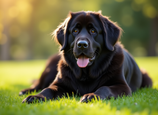 Chien de Terre-Neuve : l’immense douceur sous un pelage imposant Chien Newfoundland allongé dans un parc vert ensoleille
