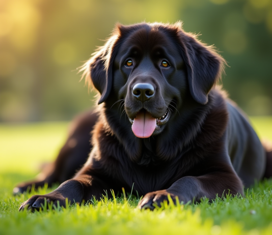 Chien Newfoundland allongé dans un parc vert ensoleille