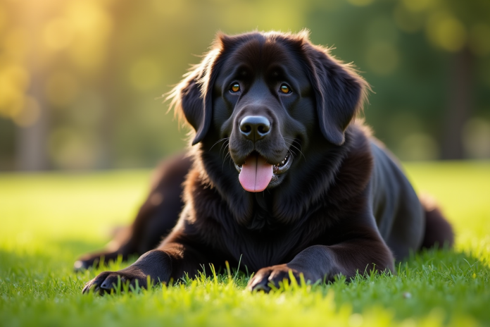Chien Newfoundland allongé dans un parc vert ensoleille
