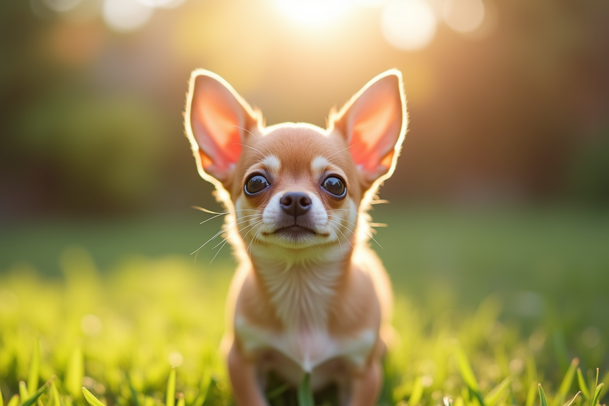 Chiot chihuahua regardant vers le haut dans un jardin ensoleille