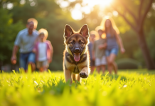 Chiot berger allemand courant dans un jardin ensoleille