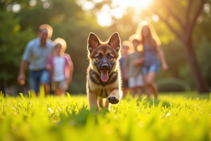 Chiot berger allemand courant dans un jardin ensoleille