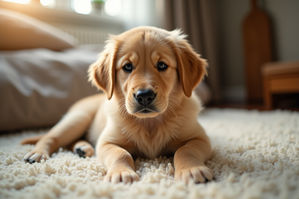 Chiot golden retriever allongé sur un tapis dans une chambre chaleureuse