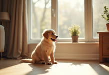Chiot golden retriever dans un salon lumineux et moderne
