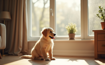 Vivre en appartement avec un bébé golden retriever : tout ce qu’il faut savoir Chiot golden retriever dans un salon lumineux et moderne