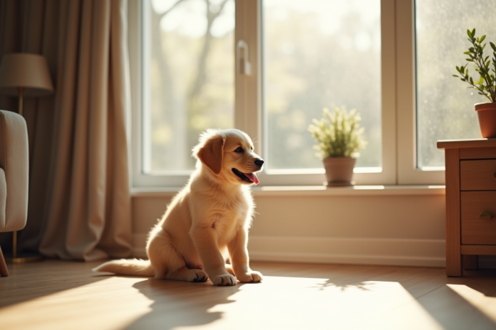 Chiot golden retriever dans un salon lumineux et moderne
