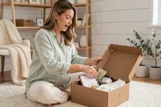 Jeune femme enceinte déballant un coffret cadeau de grossesse posé sur un tapis crème dans une chambre de bébé décorée
