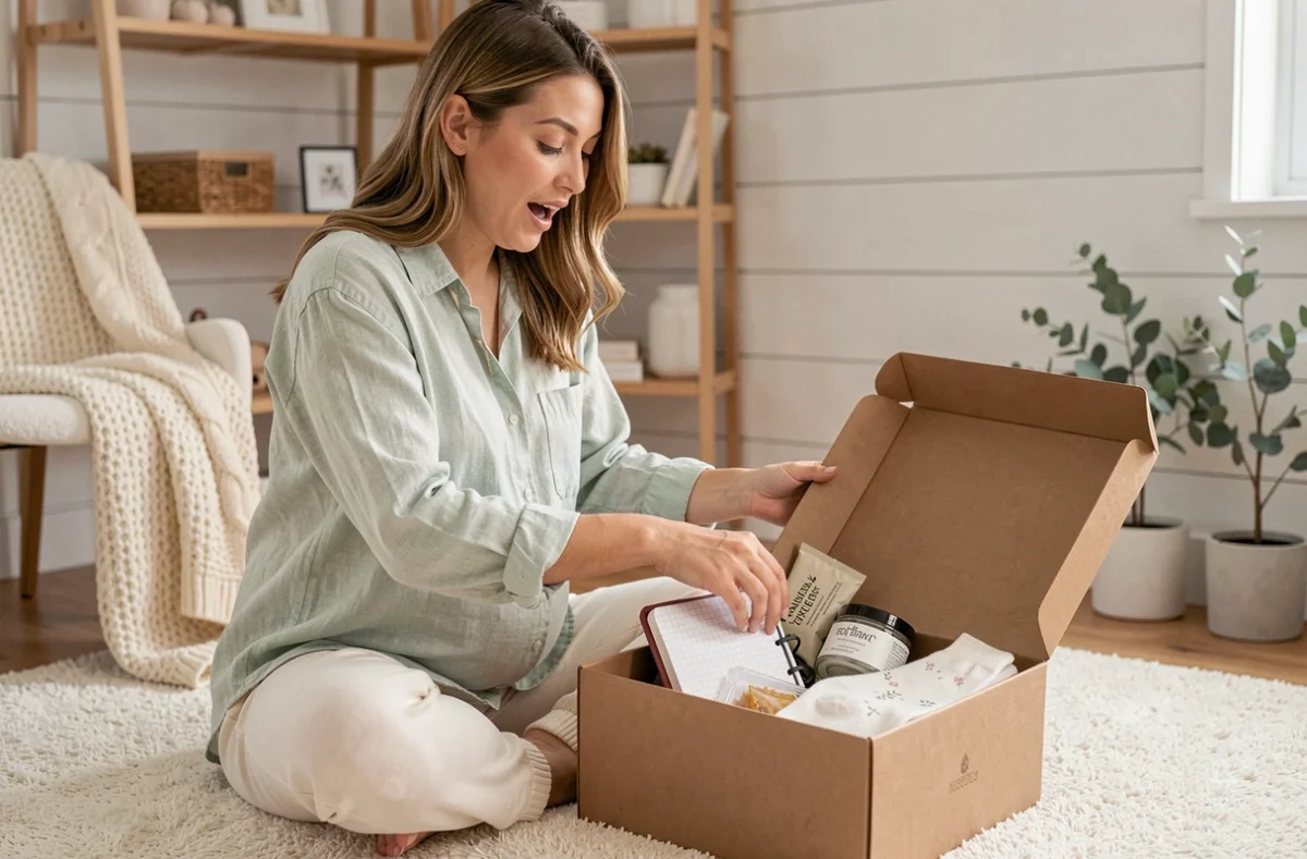 Jeune femme enceinte déballant un coffret cadeau de grossesse posé sur un tapis crème dans une chambre de bébé décorée