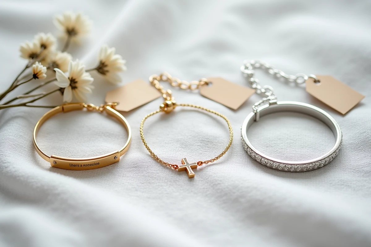 Comparaison de trois gourmettes et bracelets de baptême en or et argent avec étiquettes de prix sur lin gris