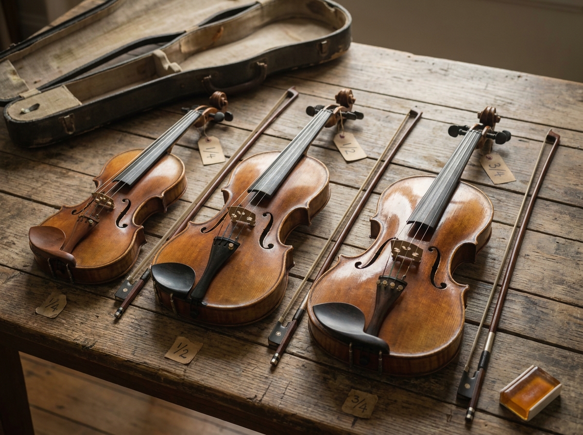 Trois violons de tailles différentes pour enfants posés côte à côte sur une table en bois, comparaison des tailles de violon 1/4 1/2 3/4