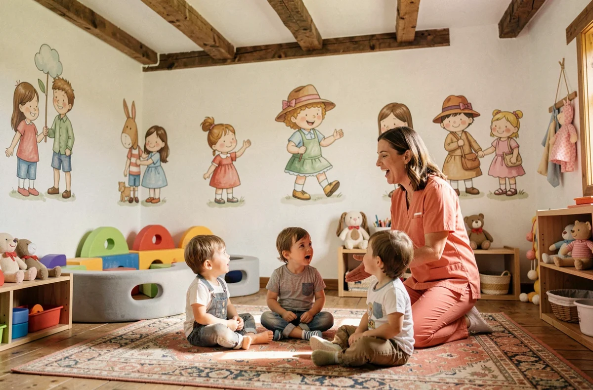 Éducatrice animant une comptine avec des enfants dans la salle illustrée de la crèche Comptine de Fantine à Tincques
