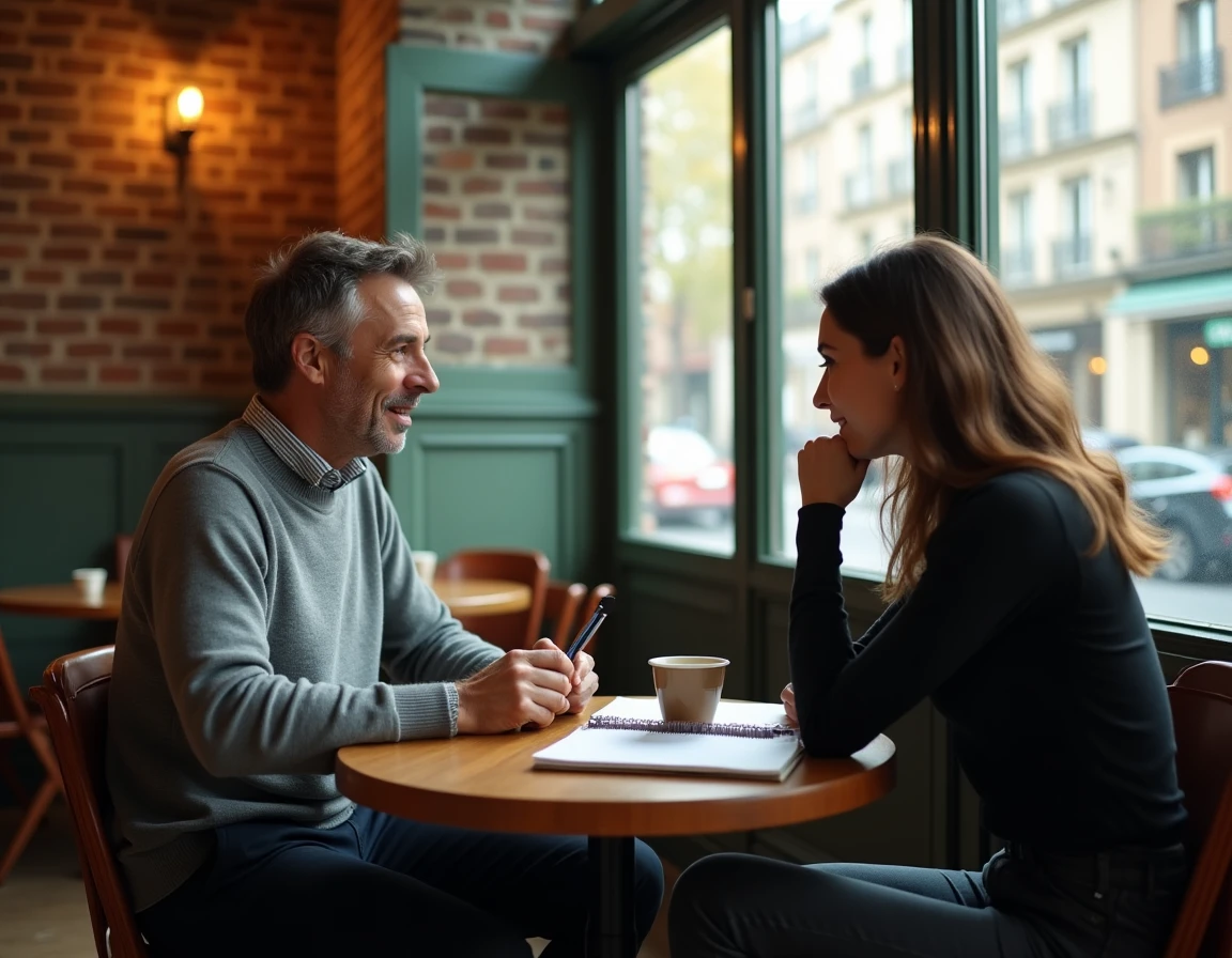 Homme soutenant sa partenaire dans une discussion stratégique en café parisien, évoquant l'influence discrète d'un conjoint face à la notoriété