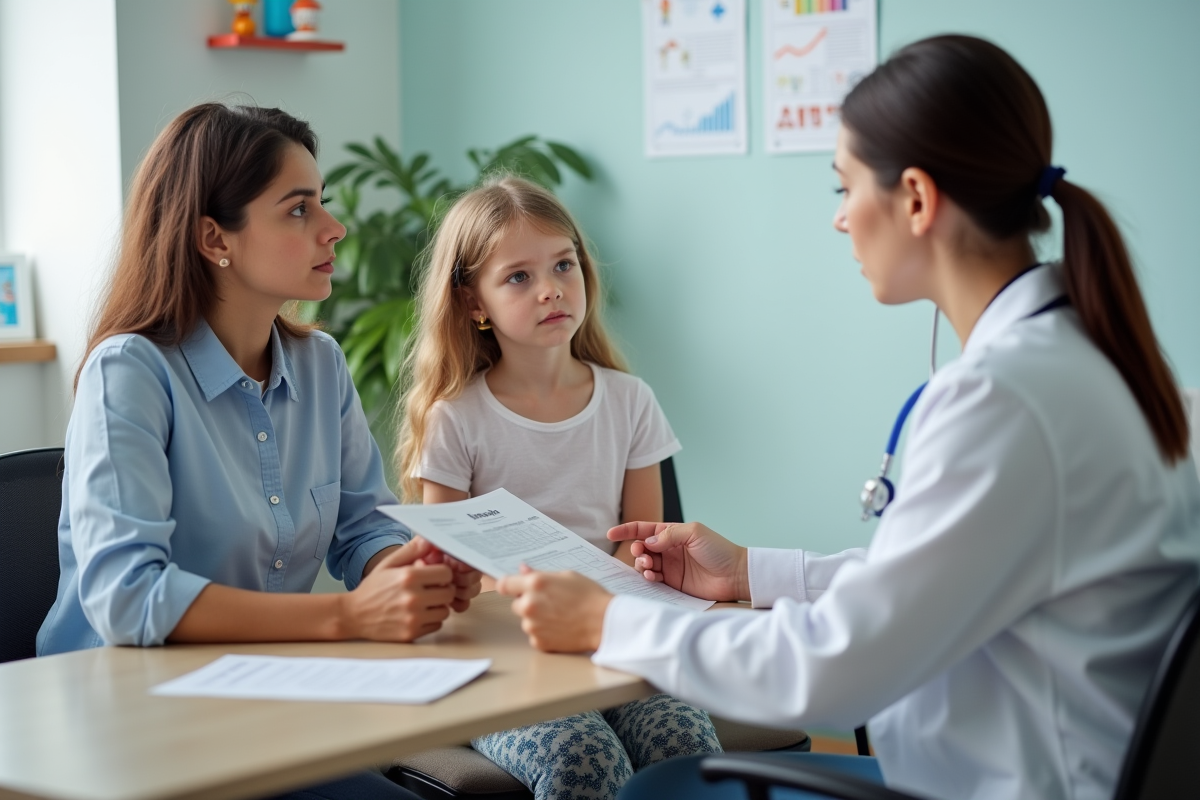 Pediatre avec une mère et une enfant en consultation