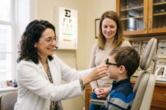 Opticienne ajustant des verres d'essai sur un enfant en présence de sa mère lors d'un contrôle de vue familial avant Noël