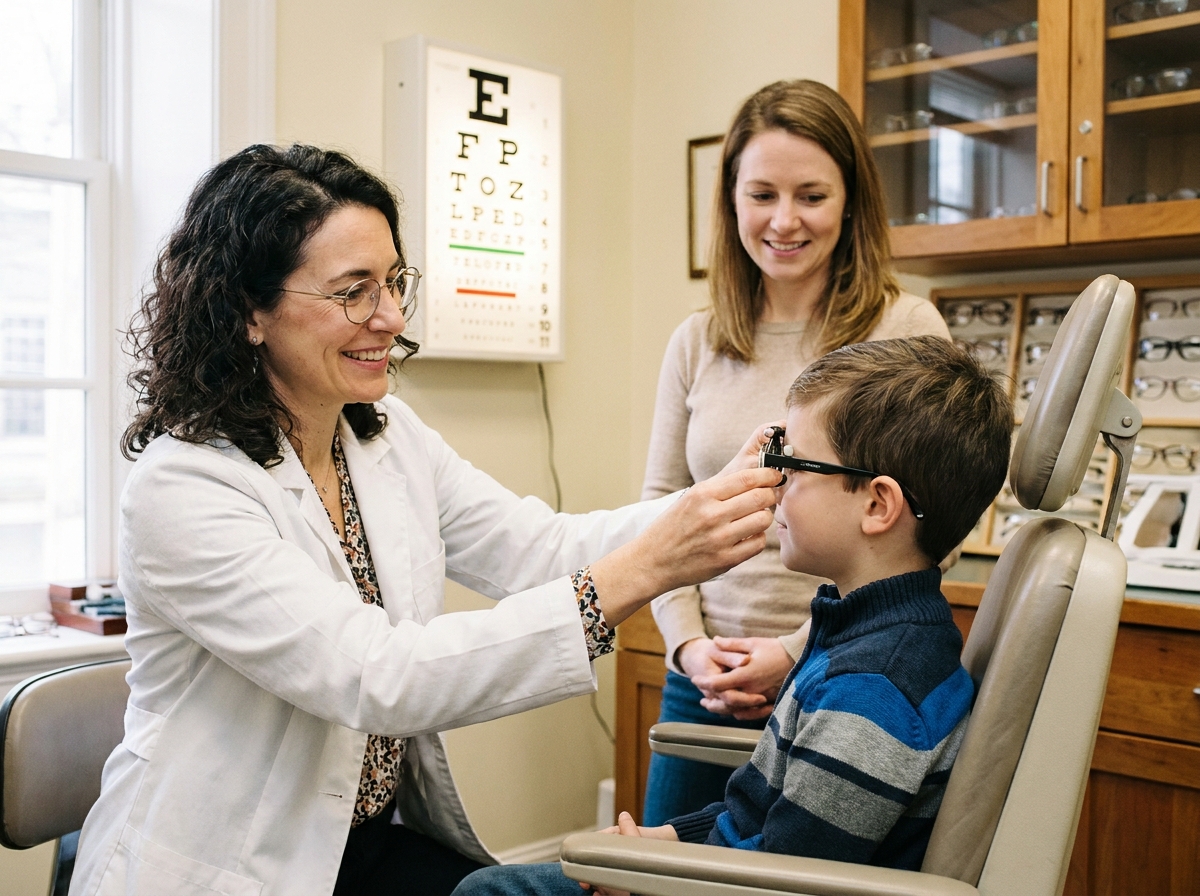 Opticienne ajustant des verres d'essai sur un enfant en présence de sa mère lors d'un contrôle de vue familial avant Noël