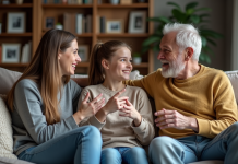 Convaincre ses parents de dormir avec son copain : conseils et astuces Jeune fille et ses parents discutent chaleureusement dans le salon