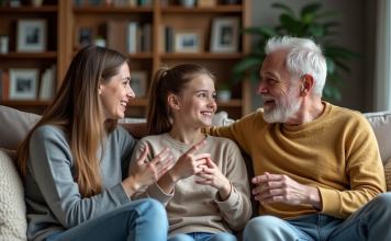Convaincre ses parents de dormir avec son copain : conseils et astuces Jeune fille et ses parents discutent chaleureusement dans le salon