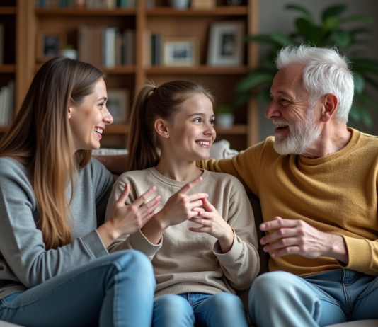 Convaincre ses parents de dormir avec son copain : conseils et astuces Jeune fille et ses parents discutent chaleureusement dans le salon