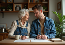 Comment la communauté universelle et la succession influencent votre héritage Une femme âgée et un jeune homme discutent autour de documents familiaux