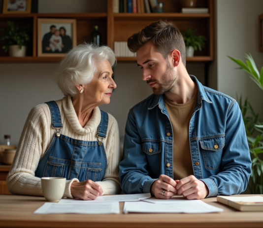Comment la communauté universelle et la succession influencent votre héritage Une femme âgée et un jeune homme discutent autour de documents familiaux