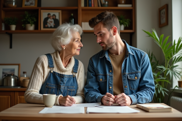 conversation-familiale-elderly-adulte Une femme âgée et un jeune homme discutent autour de documents familiaux